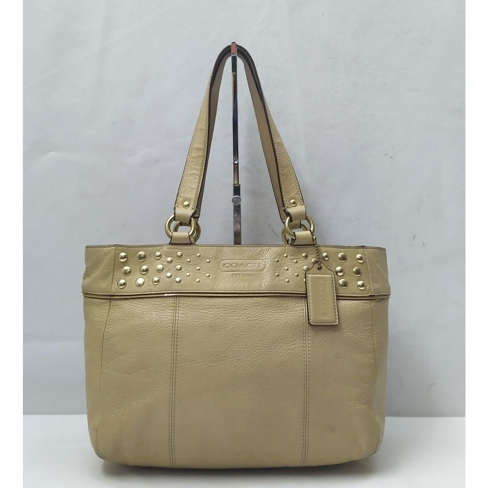 Coach Tan Leather Studded Double Handle Zipper Closure Tote Shoulder Bag